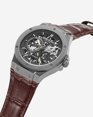 Automatic Gunmetal Watch with Brown Leather Strap Brown