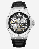 Automatic Stainless Steel Watch with Black Leather Strap Black
