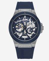 Automatic Two-Tone Gunmetal Stainless Steel Watch with Blue Leather Strap Blue Dark