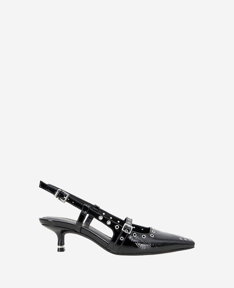 Martha Patent Eyelet Slingback Kitten Heel Black Patent