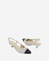 Martha Tweed Cap Toe Slingback Kitten Heel Grey Fabric