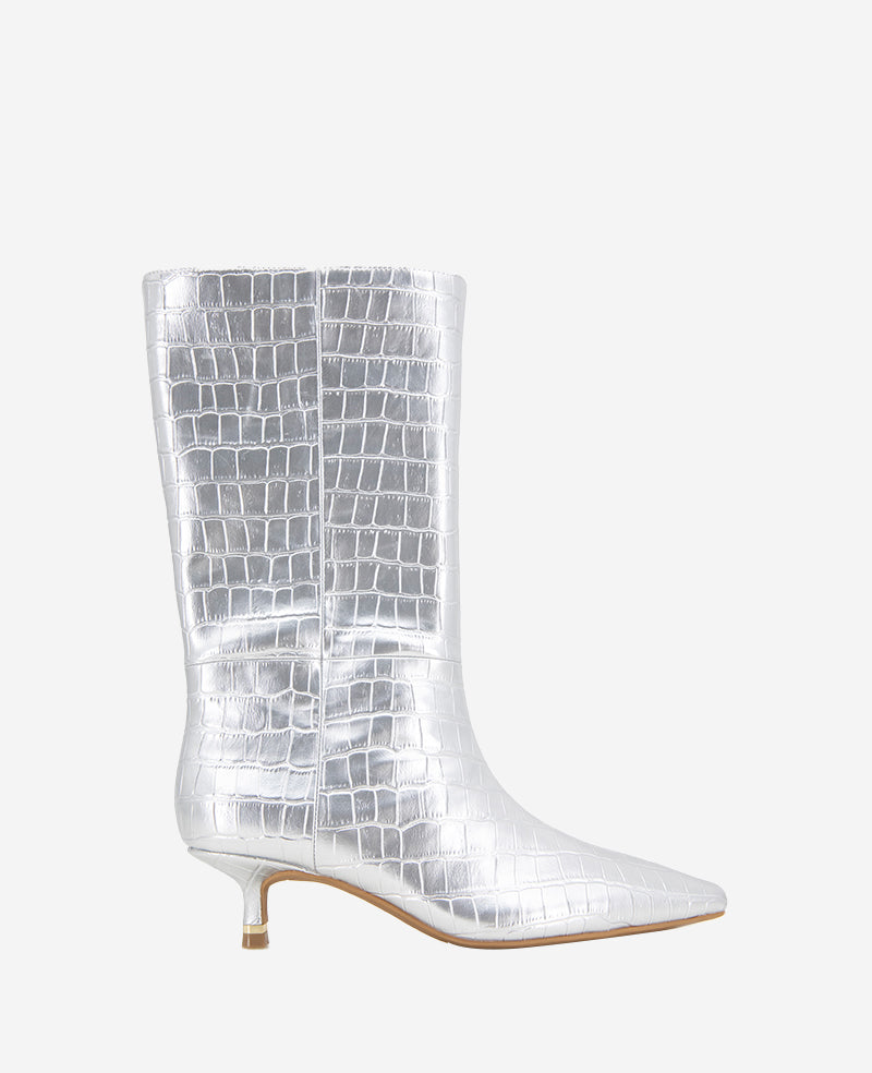Meryl Leather Metallic Croco Bootie Silver Croco