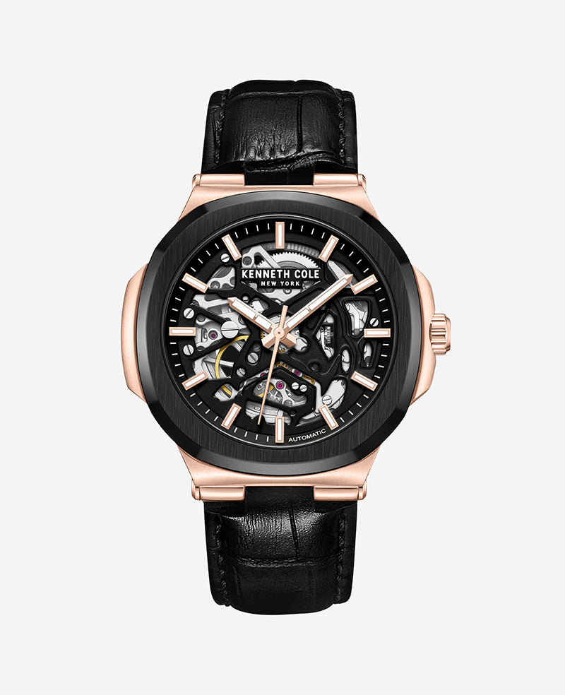Skeleton Automatic Leather Strap Watch Black