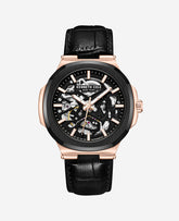Skeleton Automatic Leather Strap Watch Black