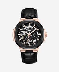 Skeleton Automatic Leather Strap Watch Black