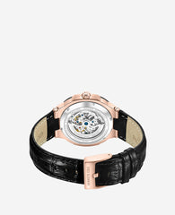 Skeleton Automatic Leather Strap Watch Black
