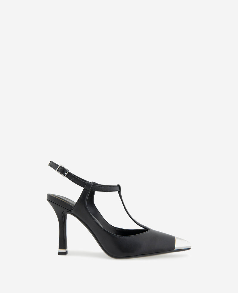 Romi T-Strap Leather Slingback Heel Black Leather