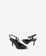 Romi T-Strap Leather Slingback Heel Black Leather