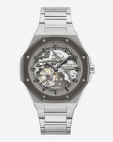 Skeleton Octagonal Automatic Bracelet Watch Gun Silver