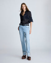 High Rise Straight Leg Wide Cuff Denim Jean Nu Wash