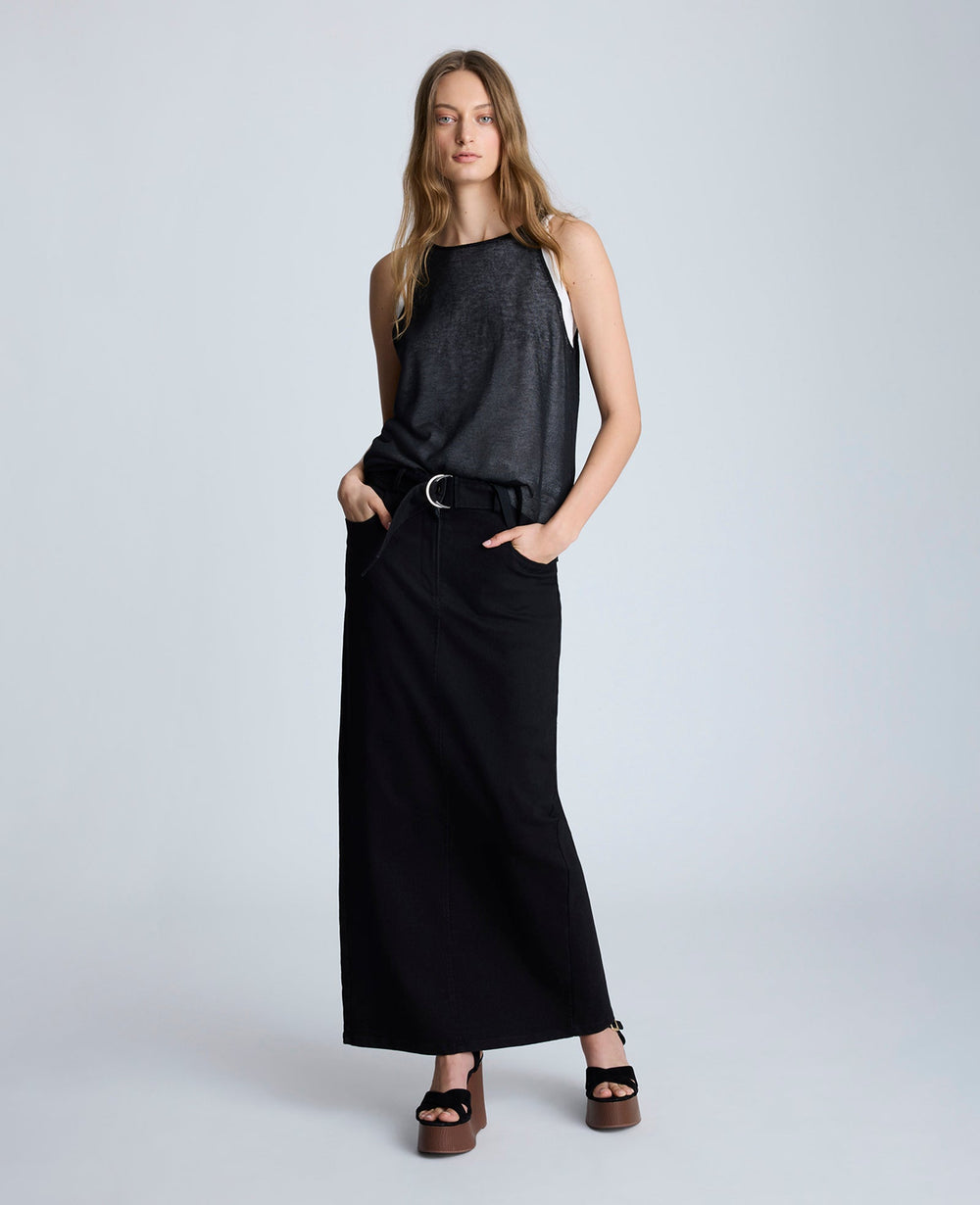 Fly Front Belted Maxi Skirt Nik Wash