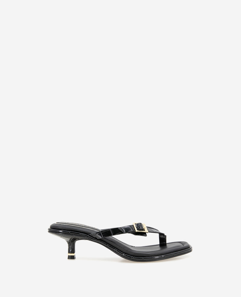 Gillie Embossed Croco Kitten Heel Buckle Sandal Black Croco