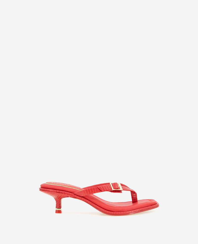Gillie Embossed Lizard Kitten Heel Buckle Sandal Red Lizard