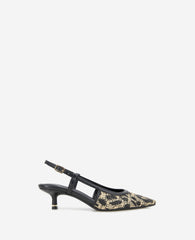 Martha Leopard Raffia Kitten Heel Slingback Natural/Black Raffia