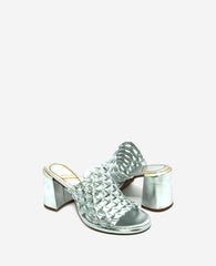 Solara Metallic Leather Woven Heel Sandal Silver Leather