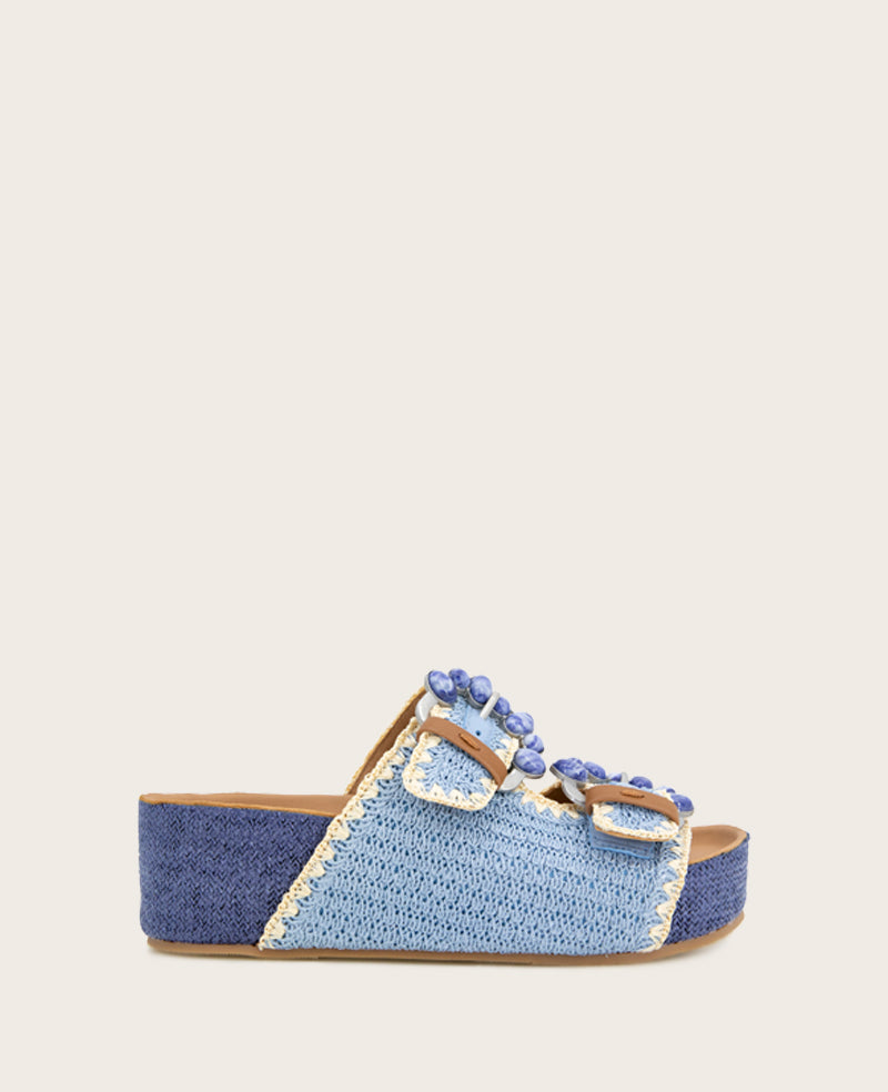 GENTLE SOULS - Kendall Raffia Wrap Buckle Wedge Light Blue Raffia