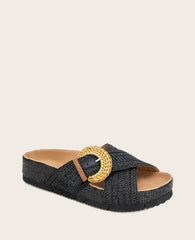 GENTLE SOULS - Louisa X Band Raffia Platform Slip On Black Raffia