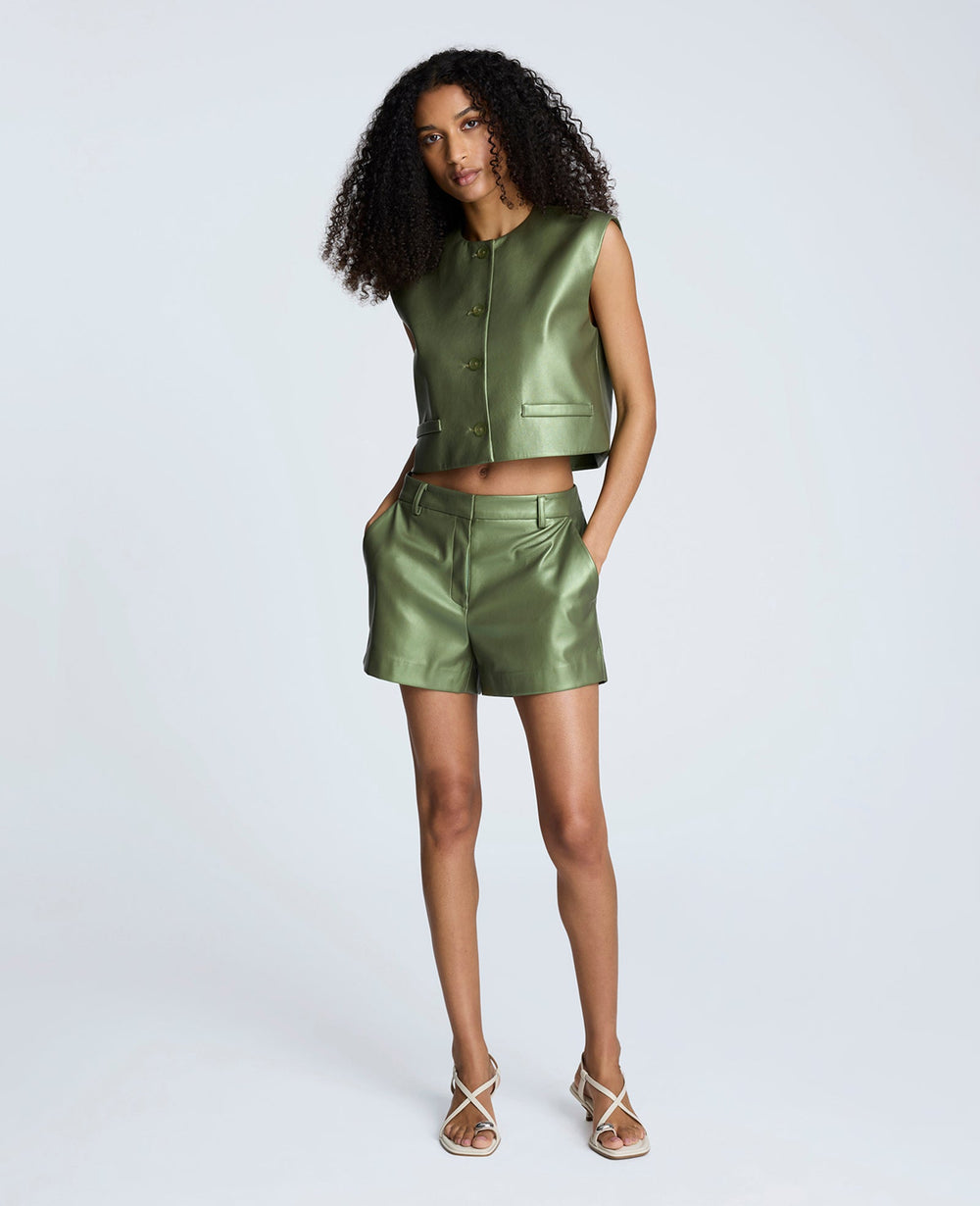 Metallic Pleather Fly Front Short Cactus Green