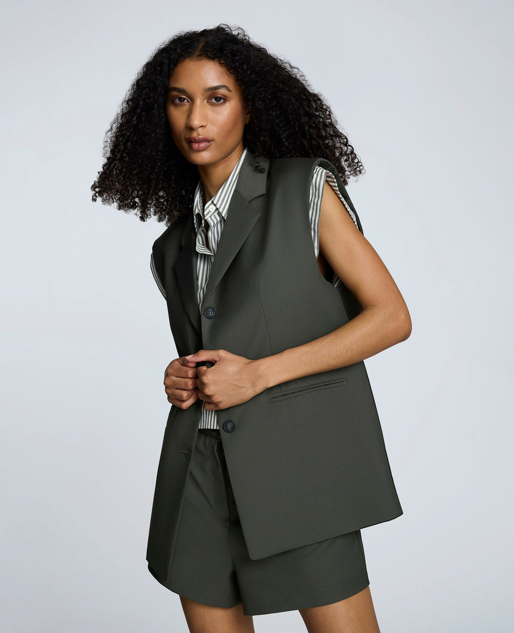 Luxe Twill Three Button Notch Collar Vest Dk Camo Green