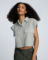 Cotton Poplin Stripe Sleeveless Crop Button Front Top Pure Wht/Camo Green