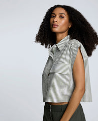 Cotton Poplin Stripe Sleeveless Crop Button Front Top Pure Wht/Camo Green