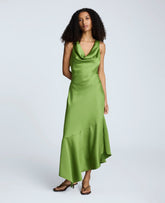 Satin Asymmetric Hem Cowl Front Dress Cactus Green