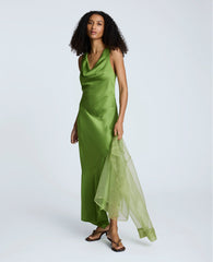 Satin Asymmetric Hem Cowl Front Dress Cactus Green