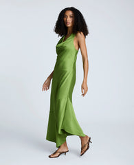 Satin Asymmetric Hem Cowl Front Dress Cactus Green