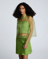 Sheer Organza Button Front Crop Shirt Cactus Green