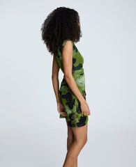 Printed Mesh Side Rouched Pullover Faux Wrap Mini Dress Cactus Green Multi