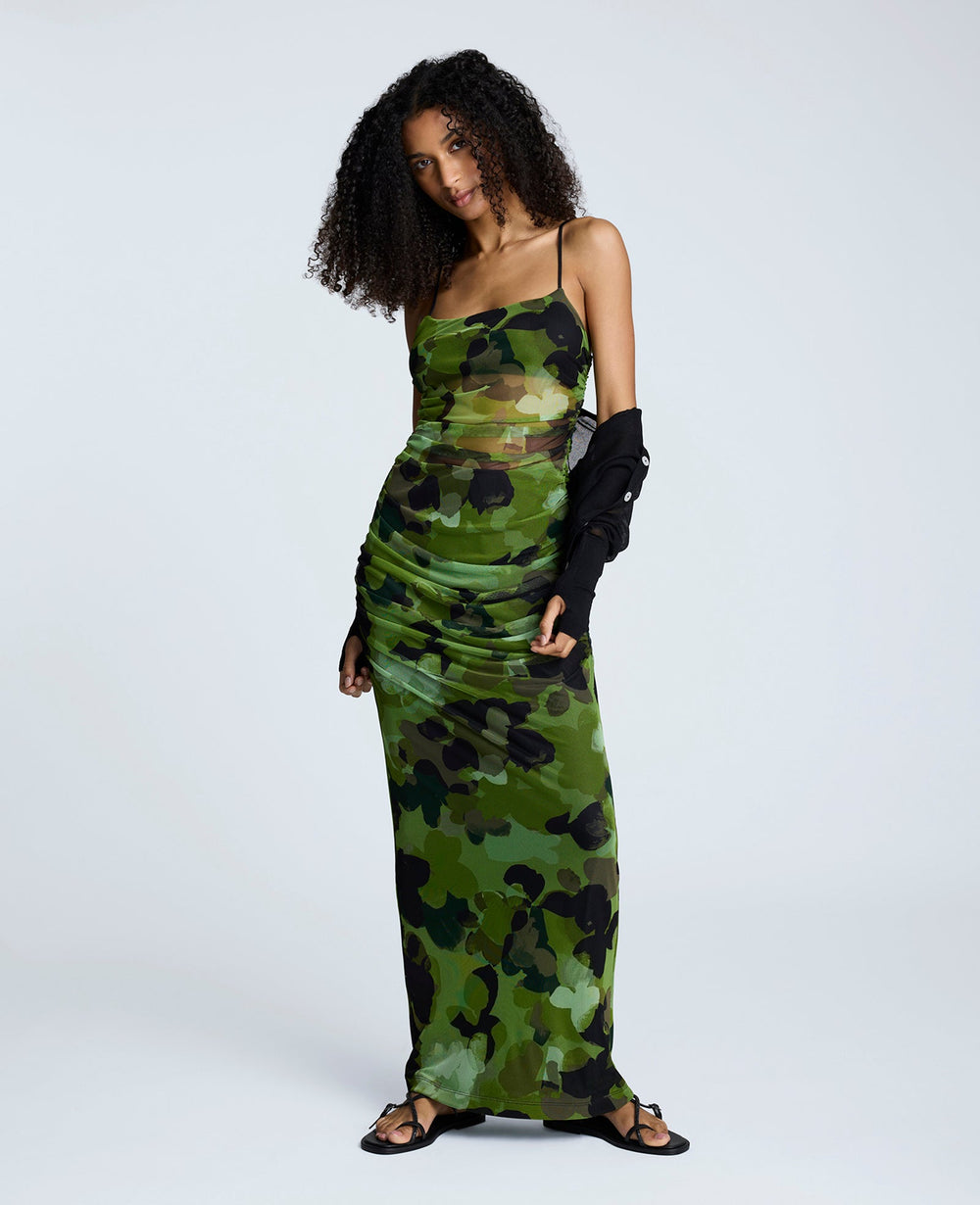 Rouched Mesh Maxi Dress Cactus Green Multi