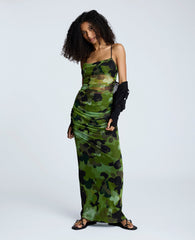 Rouched Mesh Maxi Dress Cactus Green Multi