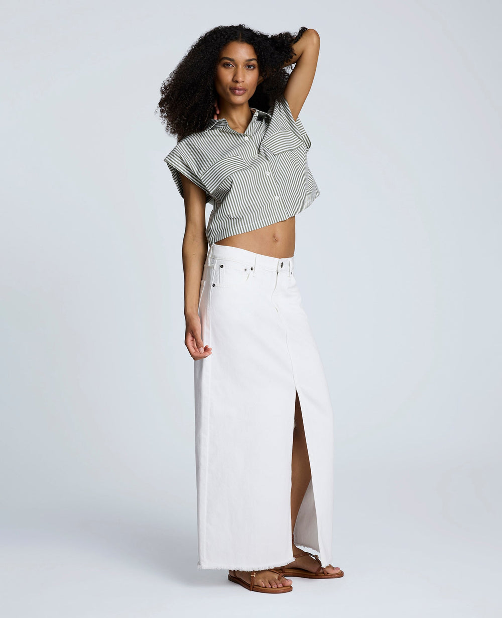 Denim Fly Front 4-Pocket Maxi Skirt With Fray Hem Pure White