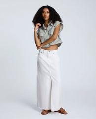 Denim Fly Front 4-Pocket Maxi Skirt With Fray Hem Pure White