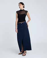 Denim Fly Front 4-Pocket Maxi Skirt With Fray Hem Midnight Rinse Wash
