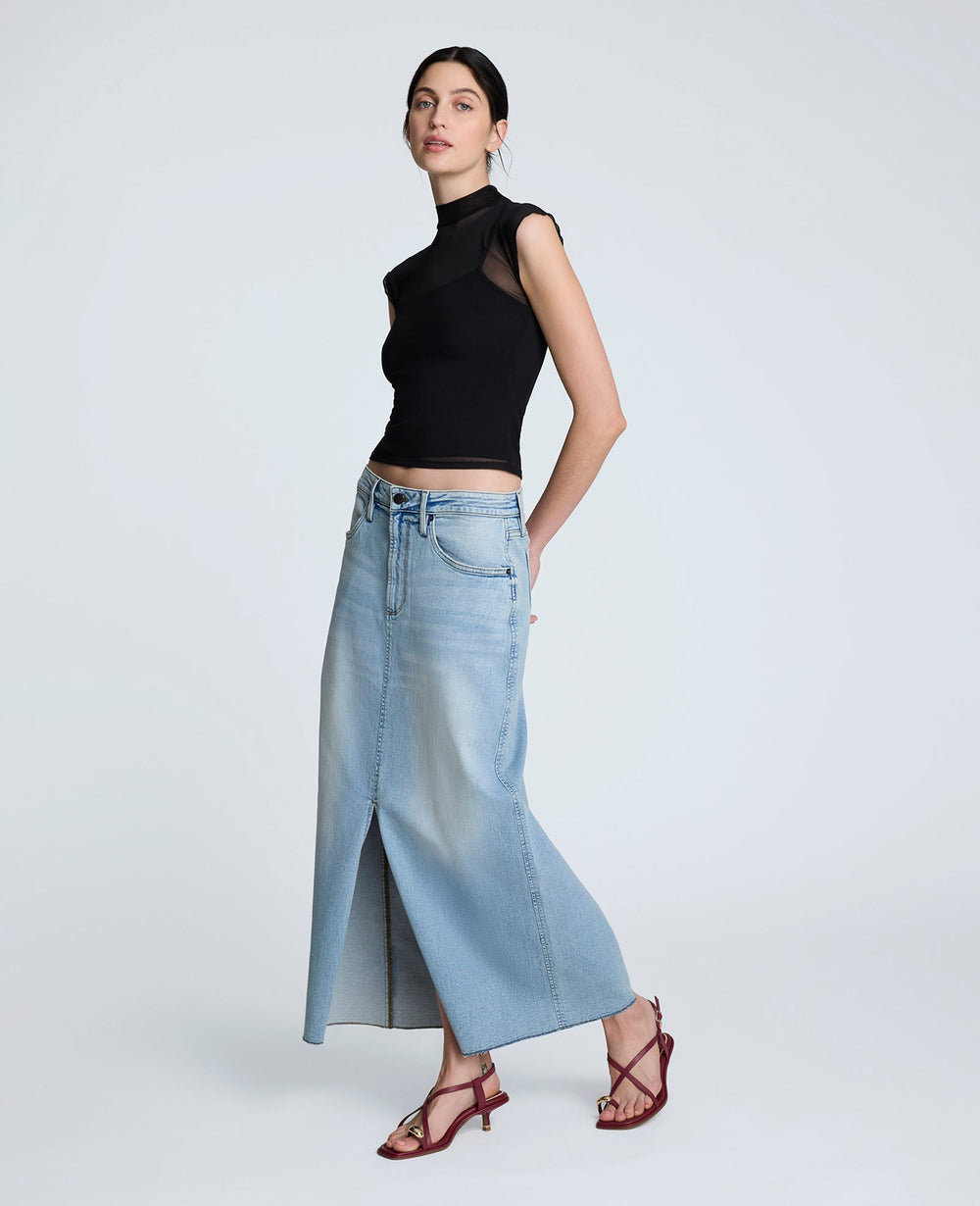 Denim Fly Front 4-Pocket Maxi Skirt With Fray Hem Vista Wash