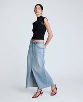 Denim Fly Front 4-Pocket Maxi Skirt With Fray Hem Vista Wash