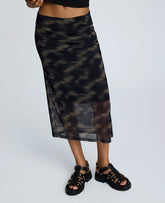 Printed Mesh Pull-On Side Ruched Midi Skirt Black Multi
