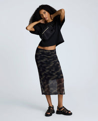 Printed Mesh Pull-On Side Ruched Midi Skirt Black Multi