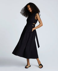 Rouched Waist Midi Dress with Tie Shoulders Black