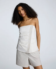 Cotton Stripe Strapless Rouched Fitted Bustier Top Pure White/Beige Bronz