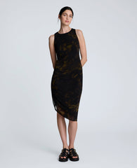 Sandra Side Ruched Asymmetrical Mesh Tank Dress Black Multi
