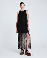 Shift Knit Dress with Fringe Hem Detail Black