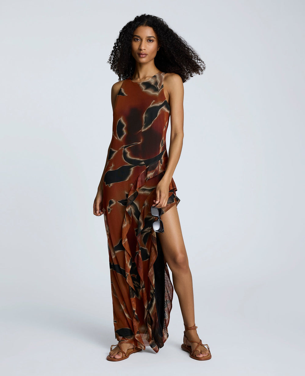Printed Mesh Ruffle Slit Maxi Dress Russet Multi