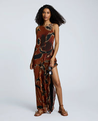 Printed Mesh Ruffle Slit Maxi Dress Russet Multi