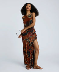 Printed Mesh Ruffle Slit Maxi Dress Russet Multi