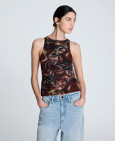 Printed Mesh Side Tied Tank Top Burgundy Spice Multi