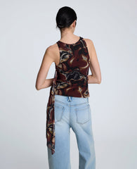 Printed Mesh Side Tied Tank Top Burgundy Spice Multi