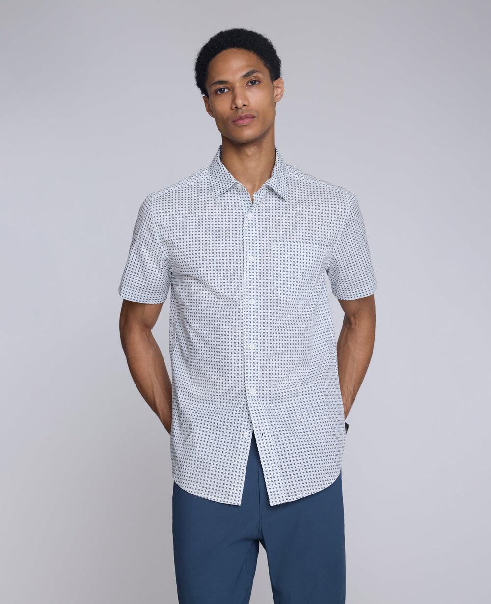 Printed Short Sleeve Pocket Button-Down Shirt Navy Dot