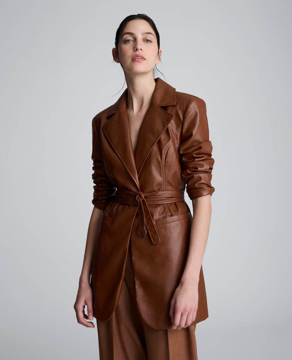 Faux Leather Belted Trench Dark Umber